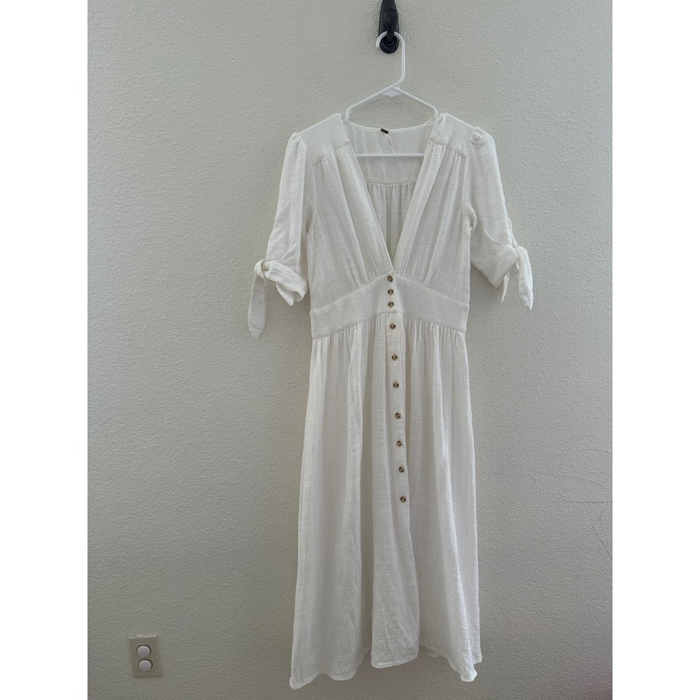 Free People White Cotton V-Neck Button Front Midi Dress Coquette Boho Small